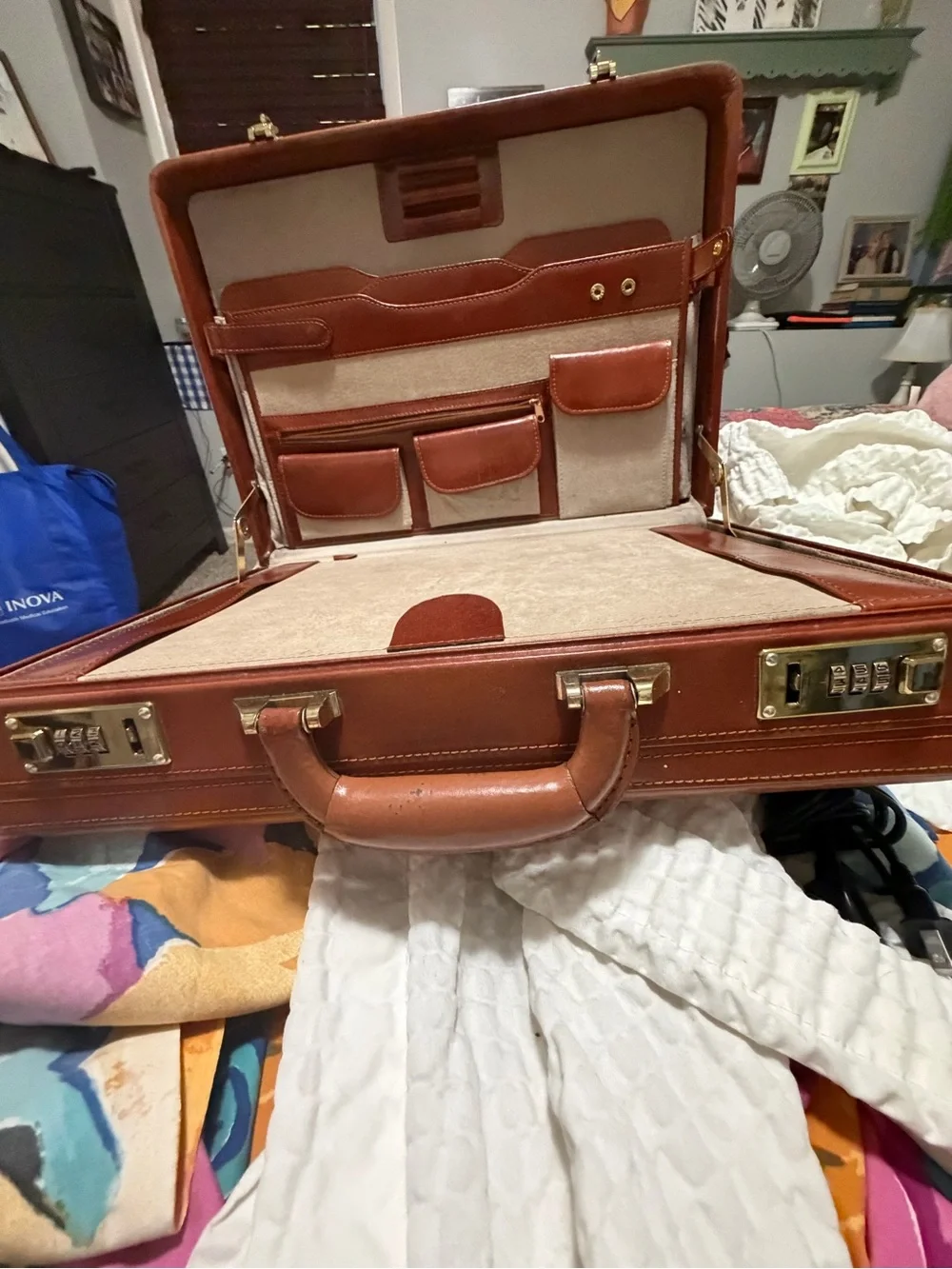 Tan and Cream Leather Briefcase Organizer - code numbers for locking